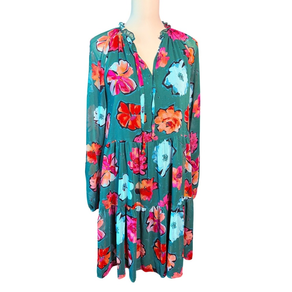 Lark + Grey Womens L Green Floral Ruffle Tie Neck Long Sleeve Tiered Midi Dress